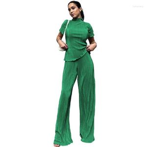 Women's Two Piece Pants Fashionable Girls Temperament Solid Color Set Draped Pleated T-shirt Wide Leg Green