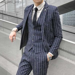 Män Slim Fit Striped Suits Wedding Dress Suits Set High Quality Men Dress Formal Wear Suits With Pants 3 Pieces Casual Blazers Q230828