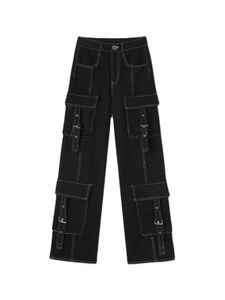 Mulheres jeans baggy mulheres calças de carga vintage cintura alta streetwear denim preto roupas góticas bolsos retos calças largas perna 230828