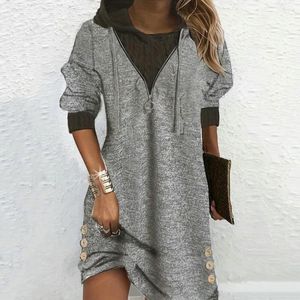 Casual Jurken Herfst Winter Vrouwen Lange Mouw O Hals Effen Kleur Stiksels Sweatshirt Capuchon Jurk Lace Up Elegante Vestidos Para Mujer