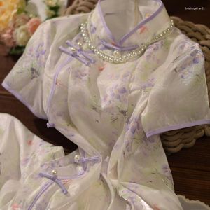 エスニック服ホワイトレトロキパオガールズズヤングパープル改善チョンサムチーパオレディース2023年夏中国の伝統ドレス
