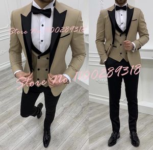 Suits Men Suits 2023 Khaki kamizelka blezerowa z czarnymi spodniami ślub dla mężczyzn pielęgnacja noszenia Tuxedo Business Formal Caitan Terno Masculino 3pcs 230828