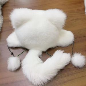 Womens Real White Fox Fur Hat Russian Ushanka Winter Warm Aviator Trapper Bomber Ski Earmuffs Cap