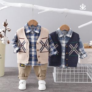 Clothing Sets Spring Fashion Kids Cotton Clothes Baby Boys Girls Causal Sweater Vest Plaid Shirts Pants 3Pcs Set Children Toddler Tracksuits 230828