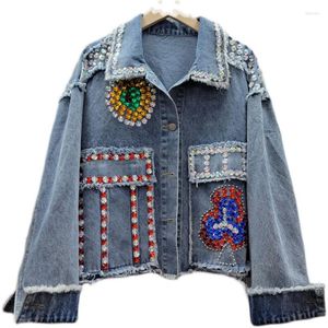 Jaquetas femininas outono colorido diamantes frisado rebite denim jaqueta estilo solto strass cowboy streetwear jeans topo