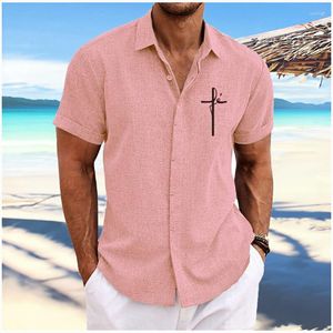 Mens Casual Shirts 7 Colors Shirt Cross Print Lapel Button Pink Hawaiian Short Sleeve Clothing Fashion Designer Soft 5XL