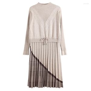 Women's Sweaters Spring Autumn Knitted Long Dress Patchwork Female Pleated Bottoming Turtleneck Lady Pullover Belt