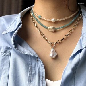 Pendant Necklaces European And American Crystal Beaded Multi-layer Necklace Turquoise Pearl Choker Clavicle Chain Large Golden Jewelry