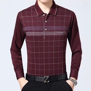 Herrpolos vårkläder LAPEL PLAID Tryckt långärmad tunn medelålders och äldre skarvade fickor Business Casual Polo Shirt