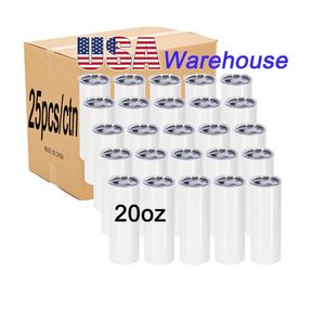 USA CA Warehouse Wholesale White SubliMation Blanks 20oz Rostfritt stål Double Wall Skinny Straight Sublimation Tumbler