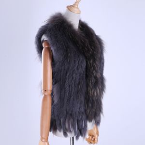 Womens Fur Faux Brand Lady Genuine Real Knitted Rabbit Vests tassels Raccoon Trimming Collar Waistcoat Sleeveless Gilet 230828