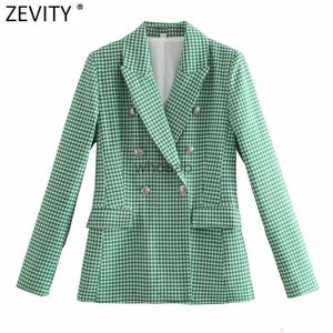 Zevity Women Vintage Green Pink Houndstooth Plaid Print Blazer Coat Office Ladies Double Breasted Outerwear Chic Slim Tops CT726 HKD230825