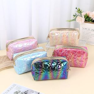 Cosmetic Bags Women Small Cute Embroidery Heart Pattern Pu Leather Cases Ladies Travel Toiletry Makeup Organizer Pouch