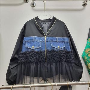 Kvinnorjackor 2023 Autumn Street Jacket Fashion V-Neck Design Stitching Denim Mesh Casual Ytterkläder Ins Coats Zipper Top
