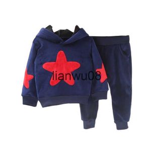 Set di abbigliamento Neonati maschi Set di abbigliamento in velluto Kids Star Felpa con cappuccio Pantaloni Completo per tute sportive Autunno Inverno Completo caldo Bambino Bambini 2 pezzi Set x0828