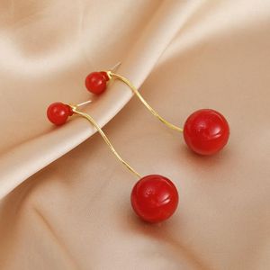 Orecchini a bottone JNP41 S925 Ago in argento Coreano Perla rossa Ciondolo lungo Temperamento netto semplice e versatile da donna
