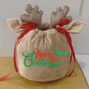 Wholesale Custom Cute Reindeer Velvet Drawstring Santa Sack Antler Christmas Gift Bag 828