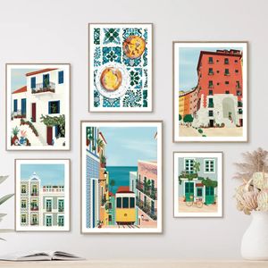 キャンバス絵画の風景リスボントラムフードポルトガルウォールアートトラベルシティポスターとプリントリビングルームベッドルームのキッチン装飾ギフト