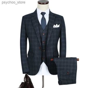 3 parçalı set (ceket + yelek + pantolon) üst düzey marka butik erkekler ekose resmi elbise damat gelinlik kıyafeti takım elbise seti q230828