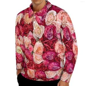 Polos masculinos flor rosa polo camisas masculino branco rosa flores camisa casual primavera novidade colarinho manga longa impresso t-shirts de grandes dimensões