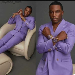 Casual Light Purple Double Breasted Men Suits Come Homme Prom Terno Masculino Groom Blazer Wedding 2 PCS (jacka+byxor) Q230828