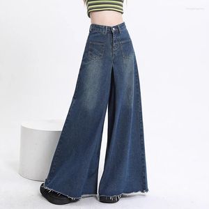 Kadınlar kot pantolon geniş bacak denim pantolon yüksek bel zarif tasarım algısı pas gevşek parlama uzun etek bahar yaz