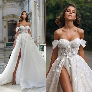 Off Axel Wedding Dresses 3D Flowers Lace Bodice Vestido de Noiva Short Sleeve Side Split Brudklänningar