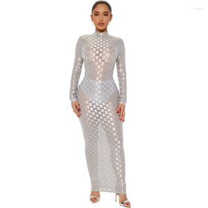 Casual Dresses Sexy Plaid Mesh See Through BodyCon Maxi Dress Women Fall Winter 2023 Long Sleeve Night Club Party Vestidos Longos