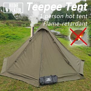 Tents and Shelters Flame retardant Pyramid Tent Outdoor Camping Waterproof Teepee 1 Person Tipi Winter Stove with Snow Skirt 230826