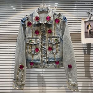 جاكيتات النساء prepomp 2023 Autumn Collection Long Sleeve Colorful Gemstones Beadings Beadings Rivet Blue Denim Jacket Gl054