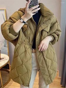 Women's Trench Coats Autumn Winter 2023 Down Cotton Coat Stand Collar Medium Long Argyle Hood Loose Drawstring Trendy Quilted Jacket Z2284