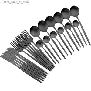 AJOYOUS 24-teiliges Besteckset, 24 Besteckteile, schwarz matt, mit Messer, Gabel, Teelöffel, Küche, Abendessen, Edelstahl, Faltgeschirr, 6 Personen, Q230828