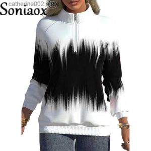 Kvinnors hoodies tröjor Gradient Färg Tryck Half High Neck Zipper Tops Elegant Cotton Warm Hoodie Commuter Long Sleeve Streetwear T230828