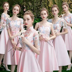 Ubrania etniczne kobiety druhna sukienka średnia długość 2023 Cheongsam Spring Fairy Temperament Pink Chińczyk Krótkie przyjęcie weselne Qipao