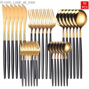 Kitchen Tableware Silverware Sets 30Pcs/Set Stainless Steel Dinner Black Gold Dinnerware Set Knife Fruit Fork Spoon Cutlery Set Q230828