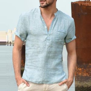 Männer Casual Hemden Männer Frühling Sommer Freizeit Drehen-unten Kragen Taste Tops Vintage Kleidung Hemd Kurzarm Solide Baumwolle leinen