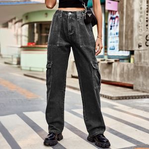 Jeans utilitários femininos com cintura elástica e vários bolsos de cor sólida