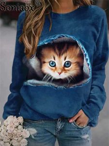 Kvinnors hoodies tröjor Autumn Thin Hoodie Women 3D Printing Sweet Cat Fashion Tops 2022 New Harajuku Animal Sweatshirt Långärmad Pullover Clothing T230828