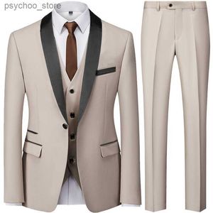 2023 Fashion New Men Casual Boutique Business Slim Dark Pattern Wedding Host Formal Suit 3 Pcs Set Jacket Dress Coat Pants Vest Q230828