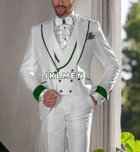 Men s kostymer blazrar vita dubbelbröst bröllop smoking för män 3 stycken kostym med västbyxor lapp blazer skräddarsydd formell 230828