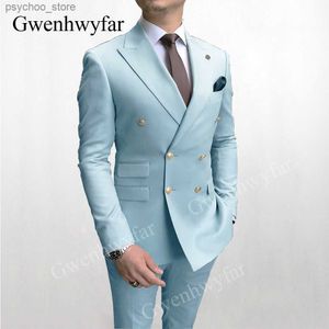 Gwenhwyfar Sky Blue Men Suits Double Breasted 2020 Latest Design Gold Button Groom Wedding Tuxedos Best Come Homme 2 Pieces Q230828