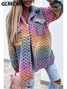 Kadın Ceketleri Kadın Uzun Kollu Gökkuşağı Renk Örme Tip T230828
