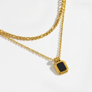 Pendant Necklaces Dainty Waterproof Jewelry 18K Real Gold Plated Stainless Steel Double Layer Chain Black Square Necklace For Women