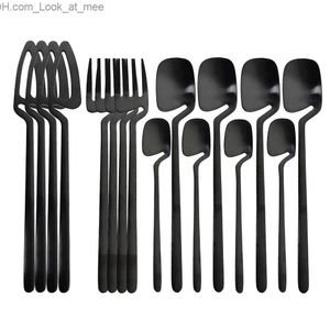 JANKNG 16pcs Black Dinnerware Set Kitchen Decor Spoon Fork Knife Tableware Matte Gold Cutlery Ice Cream Desserts Soup Coffee Use Q230828