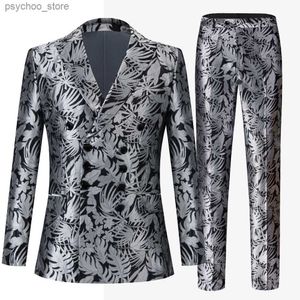 Men's Silver Grey Jacquard Double Breasted Wedding Suit Prom Men Suit Groom Tuxedo Man Blazer Senaste Design Come Homme 2 PCS Q230828