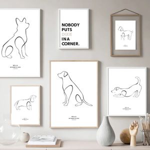 Płótno malowanie abstrakcyjna linia zwierzę zwierzęta urocze pens pies plakaty i grafiki nordyckie spersonalizowane imię data ścian sztuka domowa salon sypialnia wystrój zdjęcia bez ramy Wo6