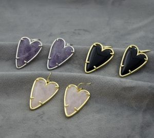 Dangle & Chandelier Hook Stone Real 18K Gold Plated t Rose/Purple Quartz Heart Dangles Earrings Jewelries Letter Gift With free dust bag