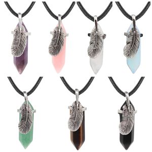 Point Hexagon Prism Stone Pendant Necklace Feather Wrapped Energy Healing Crystal Gemstone Pendant Necklace