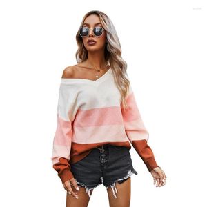 Kvinnors tröjor stickade kvinnor Autumn Winter Long Sleeve Casual Strip Pullover Sexig V Neck Plus Size Stize Knitwear 2023 Jumpers Cl669