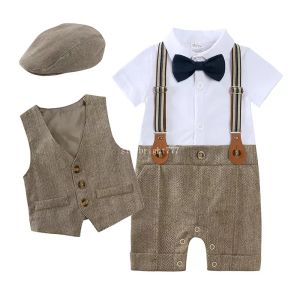 Baby Boys and Girls Summer Gentleman Clothing Set Birthday Suit Jumpsuit för småbarn Flat Cap Kort ärm Waistcoat Strap Pants 4 PC/Set Rompers Outfits For Kids